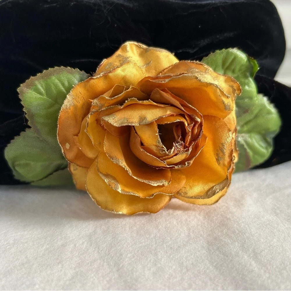 Vintage Black Hat with Gold Flower Accent by Accessory Lady w/‎ Tag
